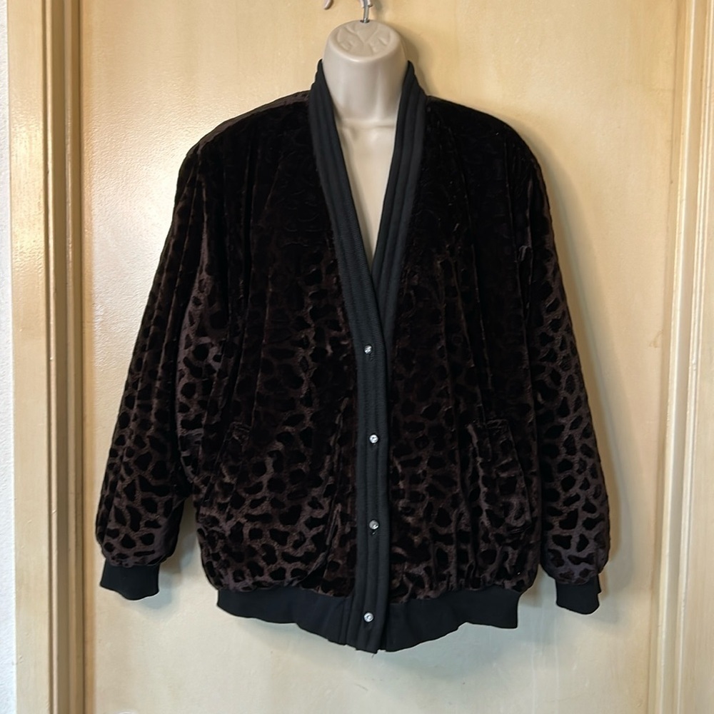 B.K. Black and brown animal print velour bomber jacket size XL